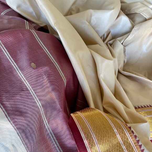 Gold, cream, red, traditional embroidered Indian Sari - Art Silk - Picture 5 of 5